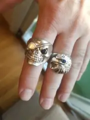Two Hand Made Sterling Silver Rings by Artist JC Pirate Skull and American Eagle