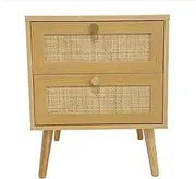 Foret Rattan Bedside Table 2 Drawers Nightstand Storage Cabinet Wood Bedroom