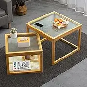 Nesting Coffee Tables Modern Bamboo Coffee Table Nesting Tables Set of 2 with Storage, Glass Desktop Accent Tables for Living Room Bedroom, Office, Balcony, Apartment(A)