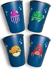 12oz Stainless Steel Cups for Kids (Sea Creatures) Set of Four (4) Kids Cups - BPA Free, Reusable and Eco Friendly Metal Toddler Tumblers, Unbreakable Steel Drinking Glasses