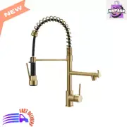 Brushed Gold Kitchen Faucet with Pull Down Sprayer, Dual Spout, 360 Swivel