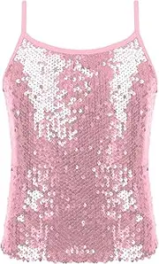 [YiZYiF] Kids Girls Shiny Sequins Dance Top Sleeveless Tank Top Stage Performance Camisole Shirts Dancewear