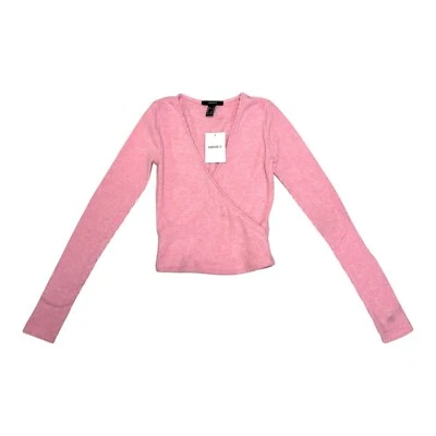 NWT FOREVER 21 Faux Wrap Knit Crop Top S Ribbed Long Sleeve Pullover 90s Retro
