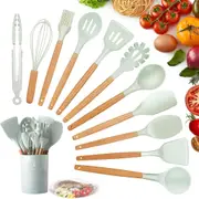 KagoLing Kitchen Utensil Set, Silicone Kitchen Utensils, Non-Stick Heat Resistant Kitchen Utensil Set with Wooden Handle, 12 Pieces, Kitchen Appliance Including Spoons, Tongs, Whisk, Spatula
