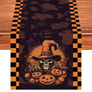 Halloween Table Runner, 13 x 72 Inch Orange Black Buffalo Plaid Skull Pumpkin...