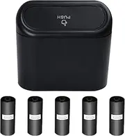 MKUCCD Car Trash Can with Lid, Mini Auto Dustbin Garbage Organizer with 5 Roll Plastic Trash Bag, Automotive Garbage Container Bin for Vehicle, Home, Office(Black) (A)
