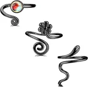 [Sllaiss] 3PCS 925 Sterling Silver Black Toe Ring for Women Men Open Adjustable Ring Black Twist Flower Snake Cool Delicate Summer Beach Sandals Toe Ring Set Finger Ring Foot Jewellery