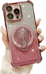 SANHERW for iPhone 14 Pro Max Magnetic Case with Bling Butterfly Stand, [ Compatible with MagSafe ] Luxury Sparkly Shiny Four Corner Shockproof Women Girls Case for iPhone 14 Pro Max - Pink