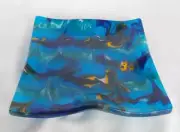 original fused and slumped art glass, blue abstract wave plate with wavy edges