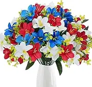 Artificial Lilies 6Pcs 12" Realistic Silk Lily Flowers Artificial with Plastic Stem & Leaves DIY Friendly Low Maintenance Flowers for Decoration, Milky White + Rose Red + Blue