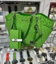 Michael Kors Jet Set Travel Women Large Tote Bag & Bifold CZ Wallet Jungle Green