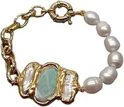 LAnGSHAW Natural White Rice Freshwater Pearl Amazonite Biwa Pearl Chain Bracelet 8" Vintage Style for Women