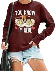 [BANGELY] Thanksgiving Sweatshirt Women Funny Deviled Eggs Sweater You Know Why I'm Here Shirt Grateful Blessed Long Sleeve Top