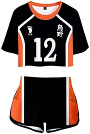 [Yumenam] Unisex Haikyuu Volleyball Junior Crop Top and Shorts 2pcs Set Cosplay Costume Kozume Kenma Gakuen Koukou Sports Suit