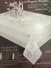 Lace Stamped Tablecloth & 4 Napkins TOBIN Embroidery 68x90” Oval Unused VTG