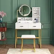 Ufurniture Makeup Vanity Desk Stool Set with LED Light and Charging Station, Dressing Table with 360°Rotating Mirror, Drawers Trays and Shelves Storage for Bedroom, Metal Frame (White Golden)