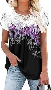 [onlypuff] Womens Tops Short Sleeve Shirts for Women V Neck Summer Tunic Tops Ladies Blouses Casual Loose Fit