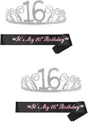 [Ipetboom] 2 Sets 16 Rhinestone Crown Hair Comb Birthday Party Sash Party Decorative Sash