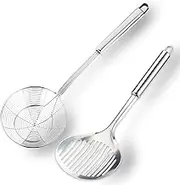 TENTA Kitchen Multi Kitchen Utensil Stainless Steel Cooking Skimmer Slotted Fish Turner Spatula Spoon Colander Drain Water Filter Spoon Ladle Spider Strainer Skimmer Ladle for Cooking &Frying (2pcs)