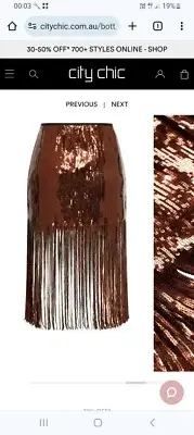 City Chic Sequined Fringed Mini Skirt Bronze Metallic 24 BNWT