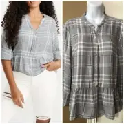 NWT Abercrombie & Fitch 3/4 Sleeve Plaid Gray Button Front Shirt Top Peplum Sz S