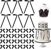 Riceshoot 30 Pcs Ribbon Bow and Pearl Cake Topper 5x7 Inch Bow Cupcake Toppers and Mini Bows Vintage Cake Topper for Coquette Themed Party Birthday Candle Accessory for Wedding Bridal Shower(Black)