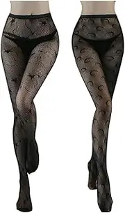 [Lucckey] (2 Pairs) Women's Patterned Tights, [Star&Moon] Fishnet Stockings Black Sexy Pantyhose Stockings for Women Girls Pattern Leggings Tights Net for Party Club, Regular Size