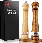Salt and Pepper Grinder Set with Wooden Standing Tray,2 Pcs of 10 inch Refillable Manual Oak Wood Mills Shakers with Adjustable Ceramic Core and Acrylic Window for Peppercorn, Salt or Spice