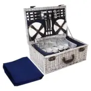 Alfresco 6 Person Picnic Basket Set Cooler Bag Wicker PU Fastening Straps Plates
