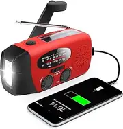 Emergency Wind Up Radio with 2000mAh Power Bank, Crank Solar AM FM Radio with LED Torch for Camping, Tornadoes (088 Red)