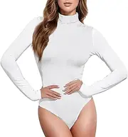 [Caihoyu] White Neutral Solid Color Pure Plain long sleeve Bodysuits for Women Pack Womens Shapewear Bodysuit Cute Tops for Women Going Out Turtleneck Jumpsuit, Color 5