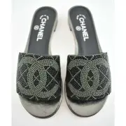 Chanel 20P Black Grey Pearl Embroidery Bead CC Logo Slide Sandal Mule Flat 37