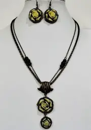 Vintage New Copper Finish Lucite Rose Necklace 15”+3”Ext Pierced Earrings Set