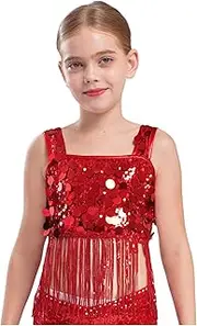 [Loodgao] Kids Girls Latin Modern Dance Costumes Shiny Sequins Tassel Crop Tank Top for Stage Performance
