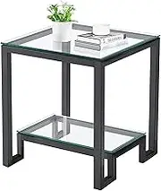 Glass End Table,Modern Square Side Table with Glass Shelf 2 Tier Coffee Table in Black Metal Frame Table for Living Room,Balcony,Bedroom