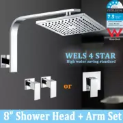 KYLINS WELS 8" Square Shower Head Brass Gooseneck Wall Arm Mixer Taps Watermark