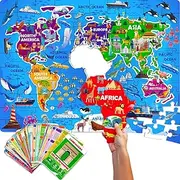 QUOKKA Puzzles for Kids Ages 4-6 - 70 Pcs Jigsaw Puzzles for 6-8 Year Olds - 400+ Facts on 50 Double-Sided Flashcards | Learn World| Education Activity Gift - Shaped Puzzles for Toddlers