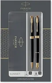 [PARKER] Sonnet Duo Gift Set With Ballpoint Pen & Fountain Pen (18K Gold Nib), Gloss Black With Gold Trim, Black Refill & Cartridges, Gift Box