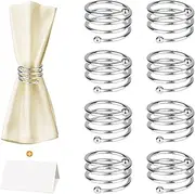 Yimerlen Stainless Steel Napkin Rings Metal Napkin Ring Holders Holder Serviette Buckles for Family Dinner, Wedding, Party (Give Name Thank You Cards) Spiral Silver 8 Pcs