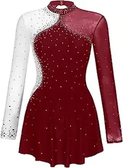 [Sxiwei] Women Sparkly Rhinestone Figure Skating Dance Dress Long Sleeve Lyrcial Ballet Dance Leotard Dress