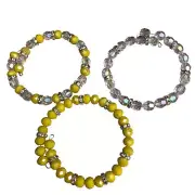 Beaded Memory Wire Cuff Bracelet Handmade Set of 3 Yellow and White