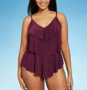 NEW Dark Wine Sz Medium 8/10 Tiered Built In Bra Tankini Swim Top AQUA GREEN