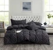 Tufted Boho Wave Jacquard King Size Bed Quilt/Doona/Duvet Cover Set - Black