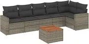 vidaXL Grey Poly Rattan Modular Garden Sofa Set - 7 Piece Outdoor Lounge with Cushions and Acacia Wood Table for Patio/Deck