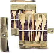 [GREENZLA] 2-Pack Bamboo Utensils | With Bonus 2 Bamboo Toothbrushes | Bamboo Straw, Spoon, Fork, Knife, Teaspoon, Chopsticks, Brush & 2 Green Storage Bags | Eco-Friendly Reusable Bamboo Cutlery set