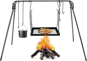 HONYTA Campfire Swing Grill Stand, Portable Hanging Cooking Grill Rack with Dutch Oven Lid Lifter Hooks for Outdoor BBQ Picnic Cookware Party
