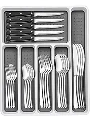 49-Piece Silverware Set with Organizer, Heavy Duty Stainless Steel Flatware for 8, Cutlery Utensil Sets with Steak Knives, Rust-Proof, Mirror Polished, Dishwasher Safe