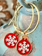 Red Snowflake Christmas Ornament Dangle Earrings. Holidays. Festive. Winter