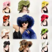 Women Faux Fur Bucket Hat Winter Warm Fluffy Plush Wide Brim Oversized Baggy