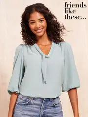 Friends Like These Blue V-Neck Bow Front 3/4 Sleeve Blouse (AJ0879) | $69